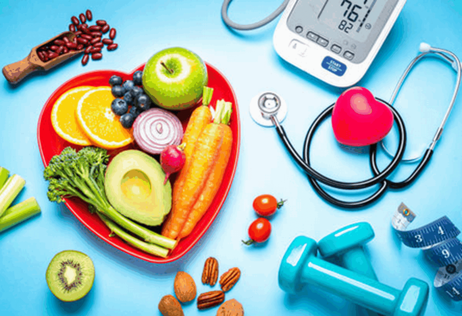 Healthy foods and medical equipment on display.