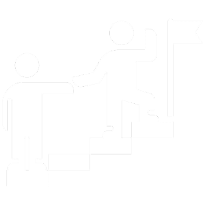 Two figures climbing stairs toward flag.